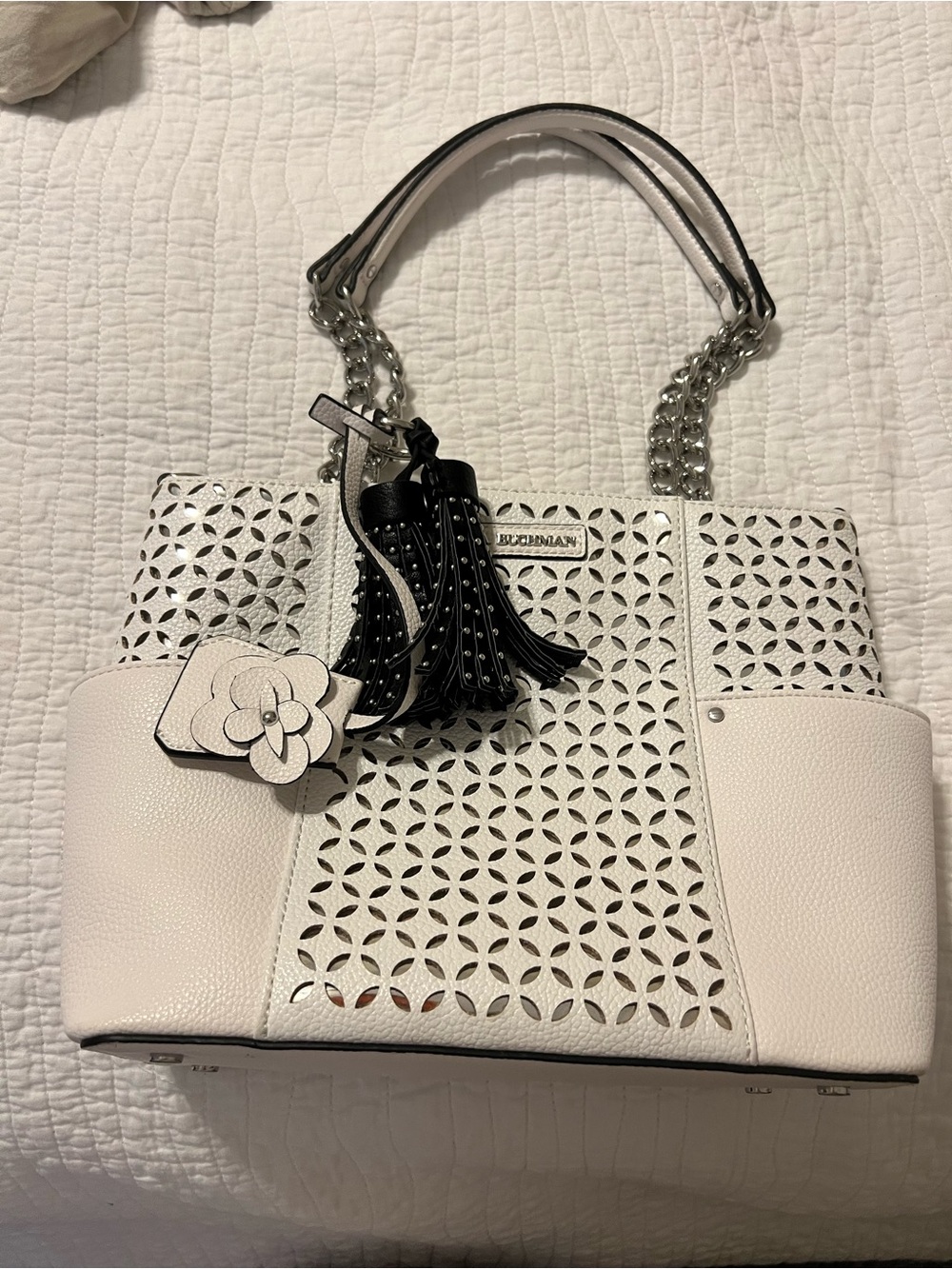 Dana Bushman White Laser-Cut Tote with Tassel Charm